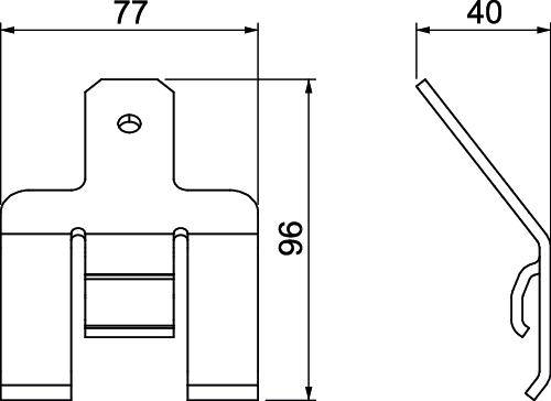 Technische tekening van een metalen haak met afmetingen: 77 mm breedte, 96 mm hoogte, 40 mm diepte. Bevat bevestigingsgat.