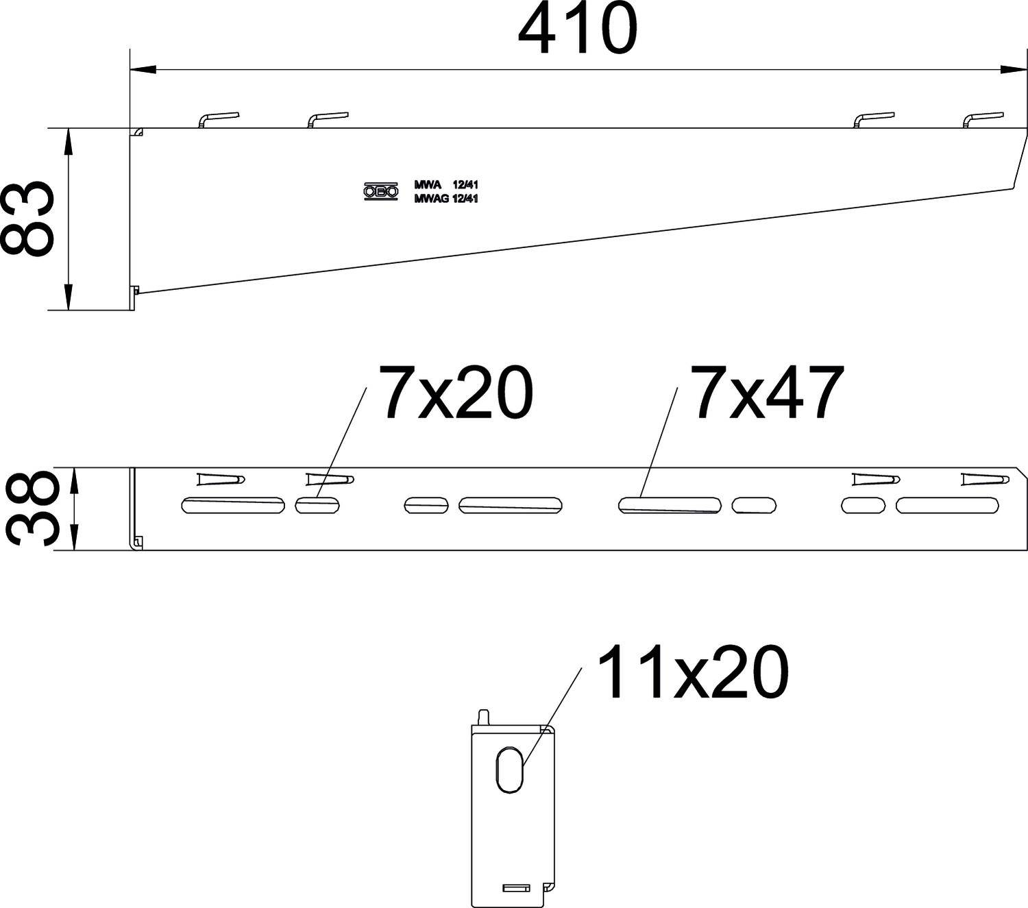 Technische tekening van een metalen hoek met afmetingen: Bovenkant 410 mm, hoogte 83 mm, openingen: 7x20 mm, 7x47 mm, 11x20 mm.