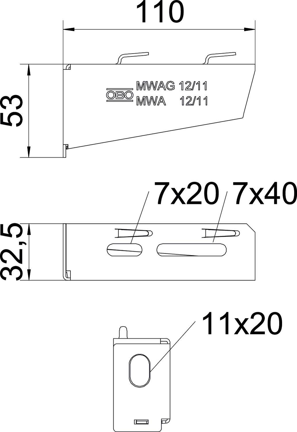 Technische tekening van een onderdeel met afmetingen: Lengte 110, Hoogte 53, Breedte 32,5. Langwerpige sleuven: 7x20 en 7x40. Tekstmarkering: 'MWAG 12/11' en 'MWA 12/11'.