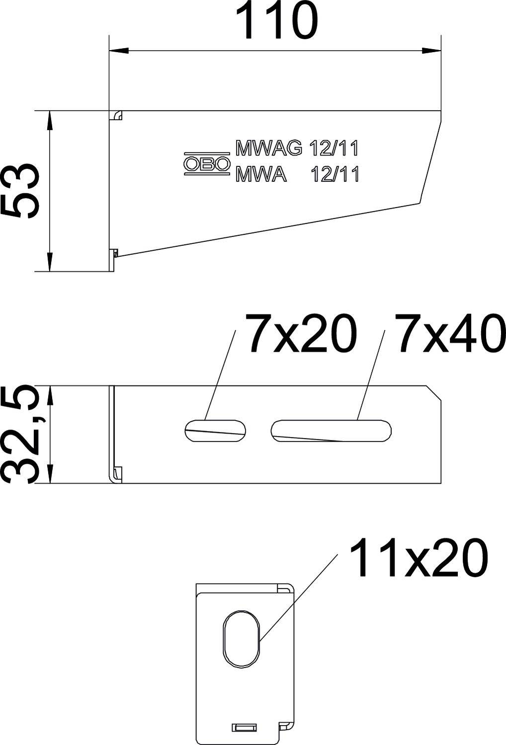 Technische tekening van een metalen hoek met afmetingen 110 mm x 53 mm. Sleuven aan de zijkant: 7x20 mm en 7x40 mm, gat bovenaan: 11x20 mm.