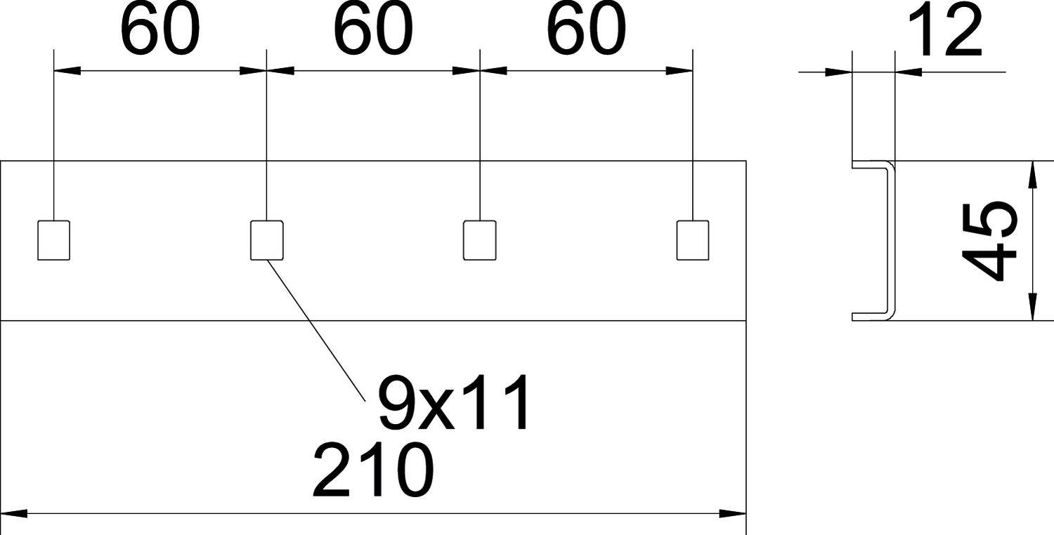 Technische tekening van een component met afmetingen: breedte 210 mm, hoogte 45 mm, diepte 12 mm. Vier gelijkmatig verdeelde gaten met tussenafstanden van 60 mm.