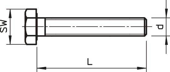 De afbeelding toont een technische tekening van een zeskantbout met afmetingen: schachtlengte 'L', schroefdraadspoed 'P', sleutelwijdte 'SW'.