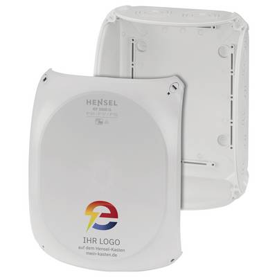 Twee witte elektrische kasten van het merk Hensel, één open en één gesloten, met een logo en de tekst 'Uw logo'.