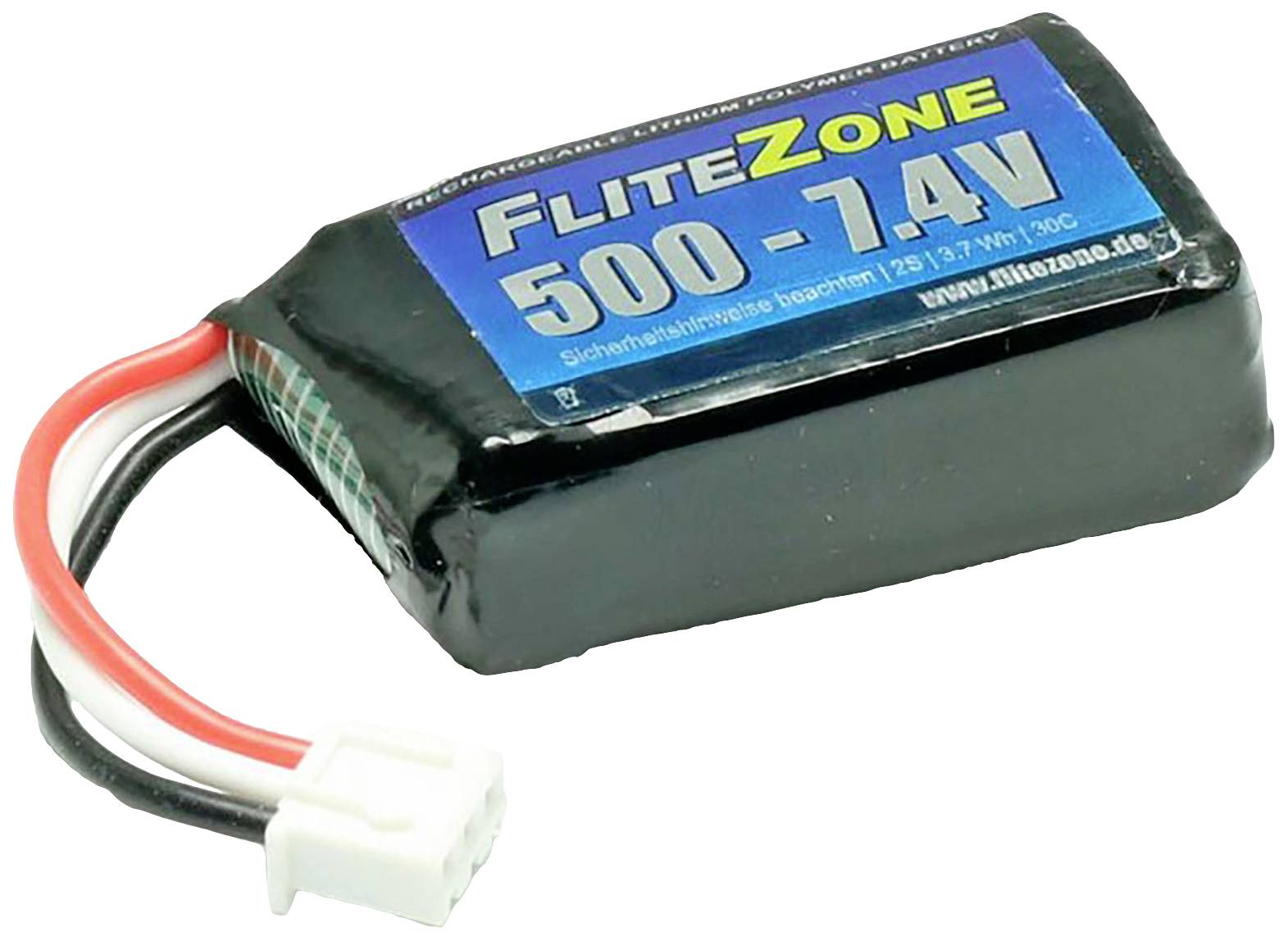 Accupack met blauwe opdruk 'FLITEZONE 500-7.4V', twee kabels met stekkerverbinding.
