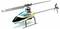 Modelhelikopter 'PROTON II' van FliteZone, blauw, geel en zwart gekleurd, met roterende hoofd- en staartrotors, op landingsgestel.