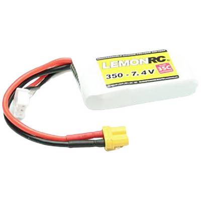 Een Lithium-Polymeer-accu met het opschrift 'LemonRC 350 - 7.4V 35C' met aangesloten kabels, gebruikt voor radiografisch bestuurde modellen.