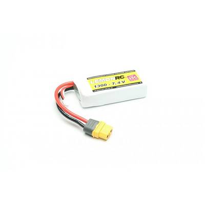 LiPo-accu met gele stekkerverbinding; opschrift 'LEMONRC 1300 - 7.4V 35C'; geschikt voor modelbouw.