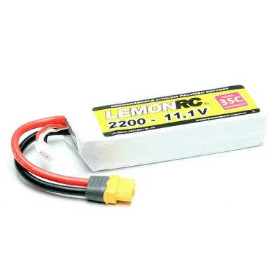 Een oplaadbare Lithium-Polymeer-accu met het opschrift 'LEMONRC 2200 - 11.1V, 35C', gele aansluiting en zwarte en rode kabels.