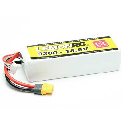 'Accu voor bestuurbare modellen, merk LemonRC, 3300mAh, 18,5V, 35C, Lithium-Polymeer-technologie. Witte batterij met gele sticker.'