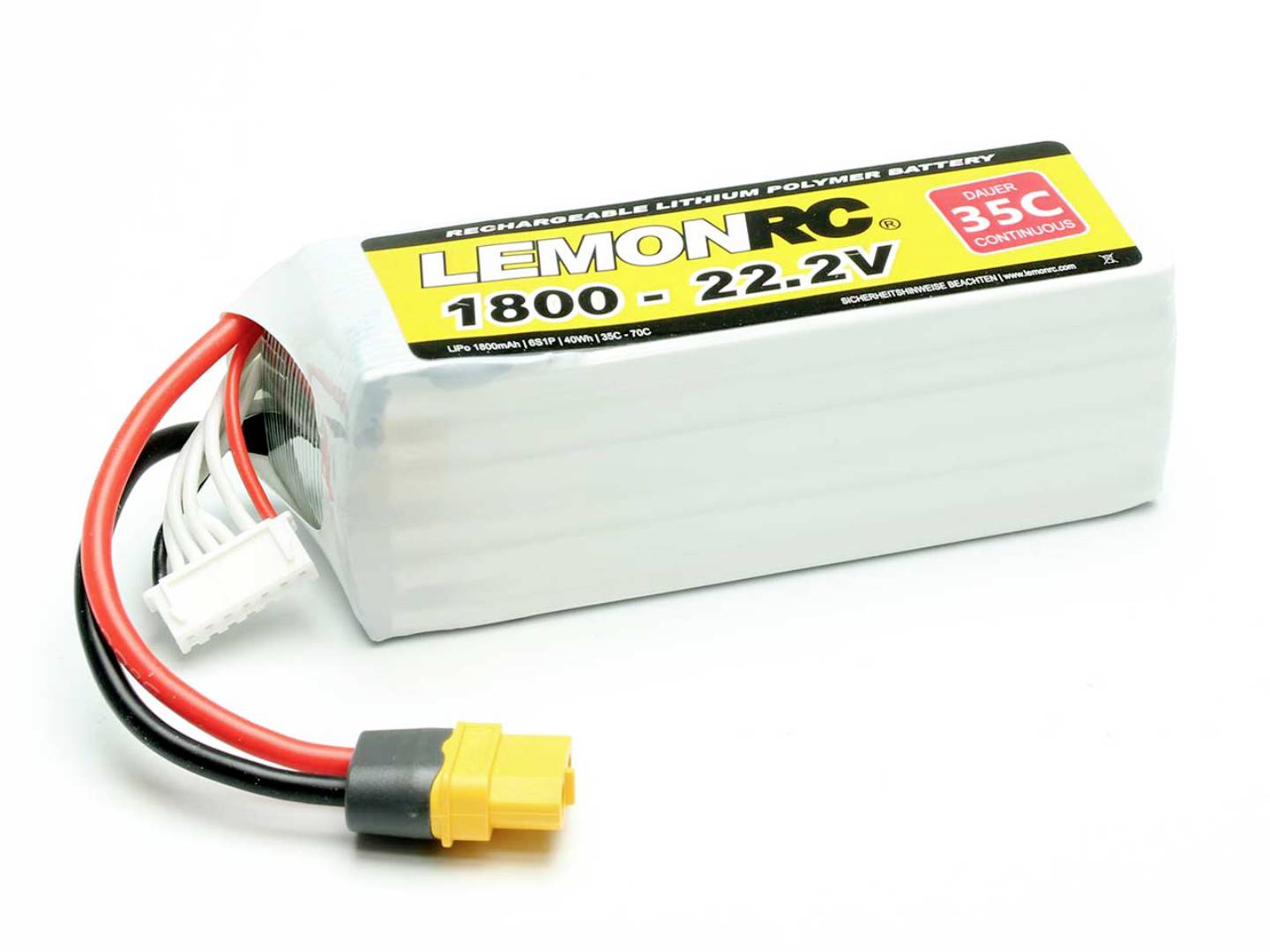 Lithium-Polymeer-accu met gele sticker 'Lemon RC 1800 - 22.2V', zwarte en rode kabels met aansluitstekkers.