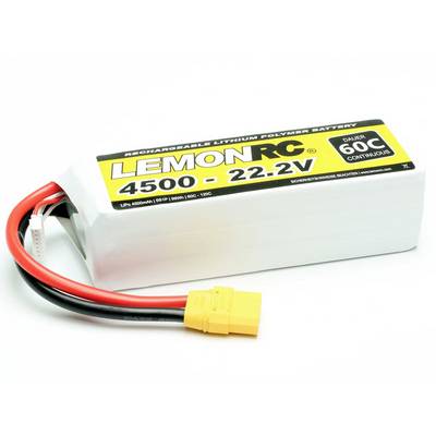 Een RC-Lithium-Polymeer-accu met 4500 mAh en 22,2V. Zwart, wit en geel etiket met opschrift 'LemonRC' en '60C'.