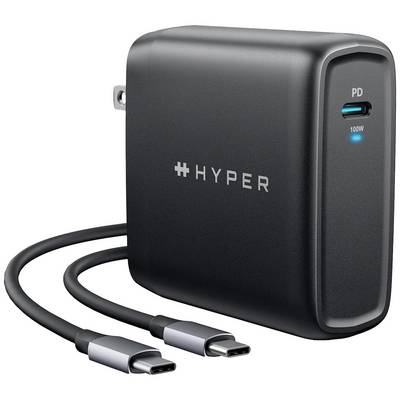 Zwart USB-C-oplaadapparaat met een vermogen van 100W. Merknaam 'Hyper' is zichtbaar. Twee USB-C-kabels zijn aangesloten.