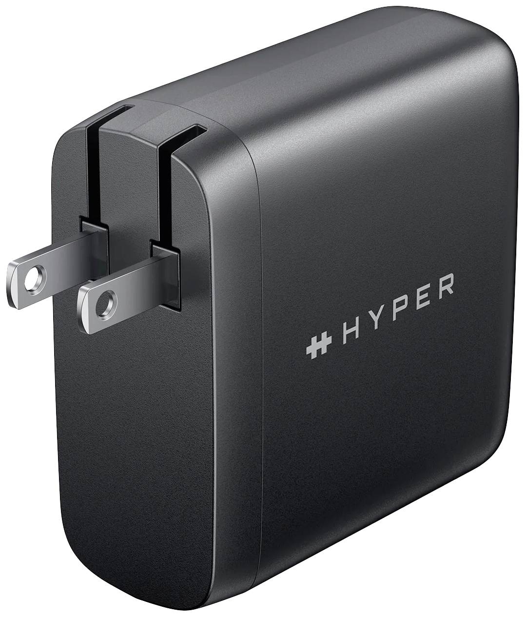 Een zwarte oplader met twee metalen stekkers en de tekst 'HYPER' aan de zijkant.