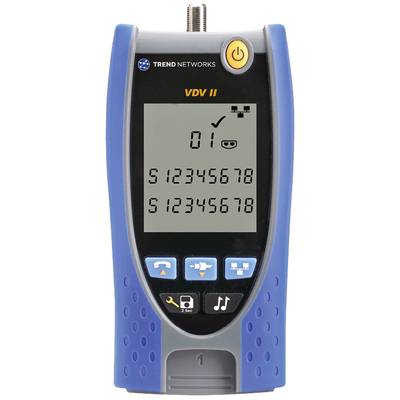 Een kabeltester met een digitaal display toont testresultaten en netwerkbekabelingsstatus. Blauwe en grijze toetsen voor navigatie en functies.