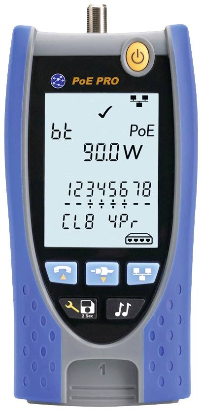 Handheld-netwerktester met display. Toont 'PoE PRO' en '90.0W'. Functietoetsen onderaan.