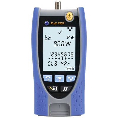 Handheld-netwerktester met display. Toont 'PoE PRO' en '90.0W'. Functietoetsen onderaan.