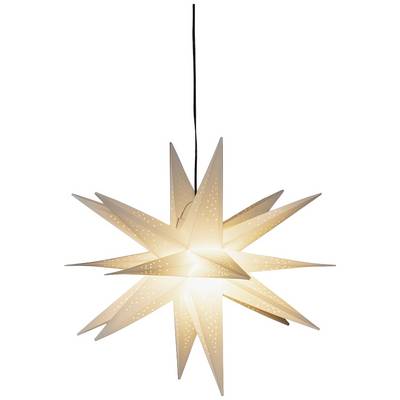Een decoratieve sterrenlamp met puntige papieren punten die warm, diffus licht uitstraalt en aan het plafond hangt.