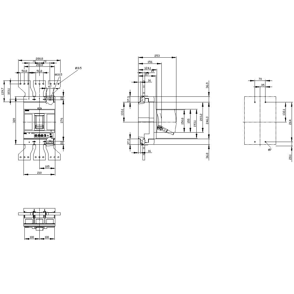 Technische tekening van een machinedeel met gedetailleerde maatvoering en aantekeningen. Toont meerdere aanzichten van het onderdeel.