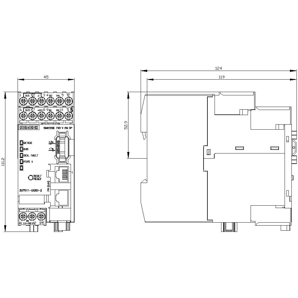 Technische tekening van een elektronisch apparaat met afmetingen: 45 mm breedte, 111,2 mm hoogte, 124 mm lengte. Aansluitingen en schakelaars weergegeven.