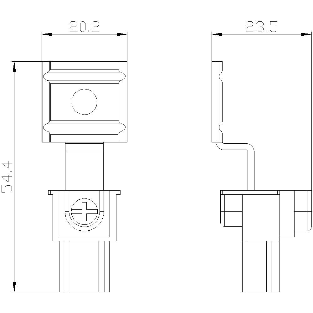 Technische tekening van een onderdeel met afmetingen: Hoogte 54,4 mm, breedte boven 20,2 mm, breedte onder 23,5 mm. Vooraanzicht en zijaanzicht.