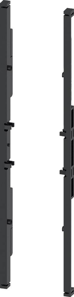 Een zwart, smal metalen frame met meerdere bevestigingselementen, aan de zijkant geflankeerd door een andere structuur.