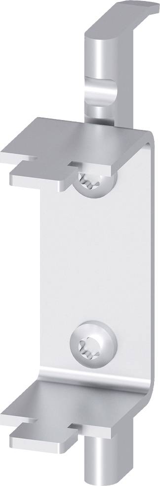 Metalen steun met twee schroeven, waarschijnlijk bedoeld voor bevestiging in bouw- of montagetoepassingen. Rechthoekige vorm met gebogen uiteinden.
