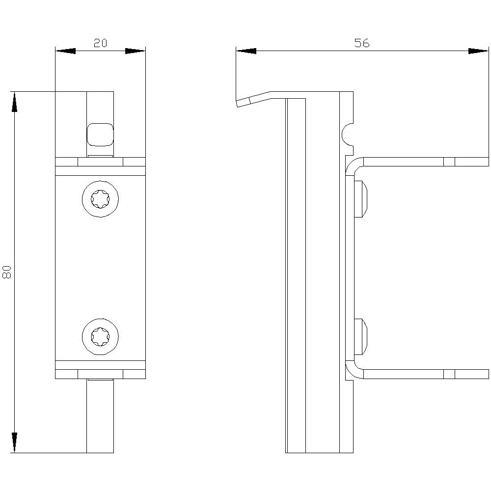 Technische tekening van een metalen profiel met twee aanzichten: Vooraanzicht toont afmetingen 80x20 mm, zijaanzicht 56 mm diep. Schroefgaten zichtbaar.