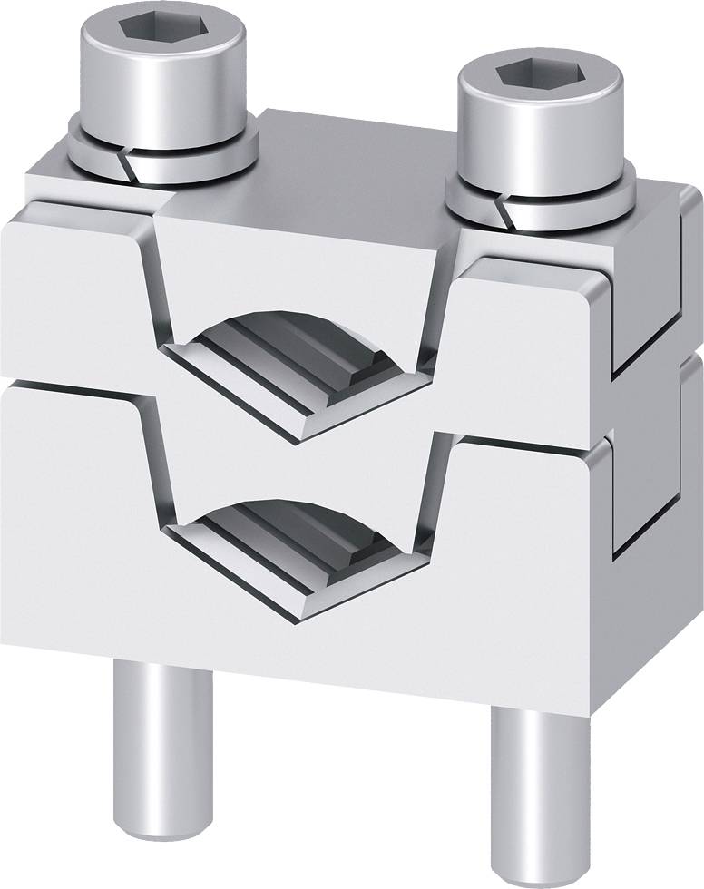 Metalen bankschroefklem met dubbele bekken en twee schroeven, geschikt voor nauwkeurige spanwerkzaamheden in de machinebouw.