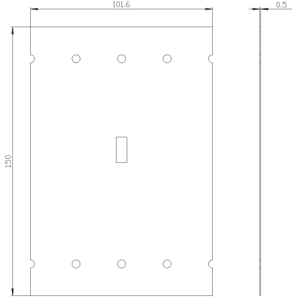 Technische tekening van een rechthoekige plaat, 150 mm hoog en 101,6 mm breed, met zes gaten en een centraal uitsparing.