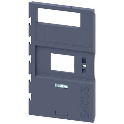 Een zwarte kunststof plaat met opschrift 'SIEMENS SIRIUS', rechthoekige uitsparing en klemmen langs de randen voor bevestiging.