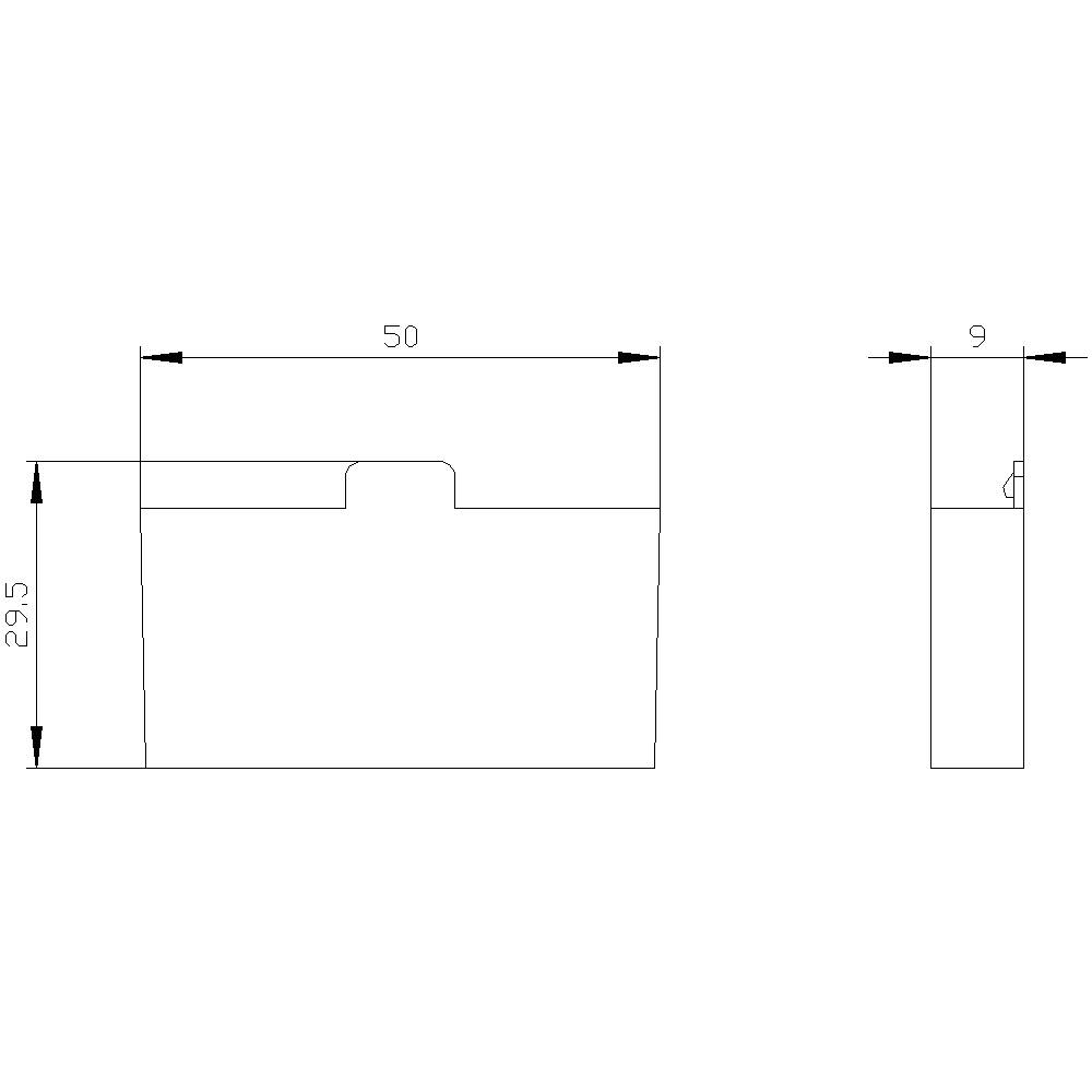 Technische tekening van een rechthoekige doos met de afmetingen: lengte 50 mm, breedte 9 mm, hoogte 29,5 mm. Bovenaanzicht en zijaanzicht.