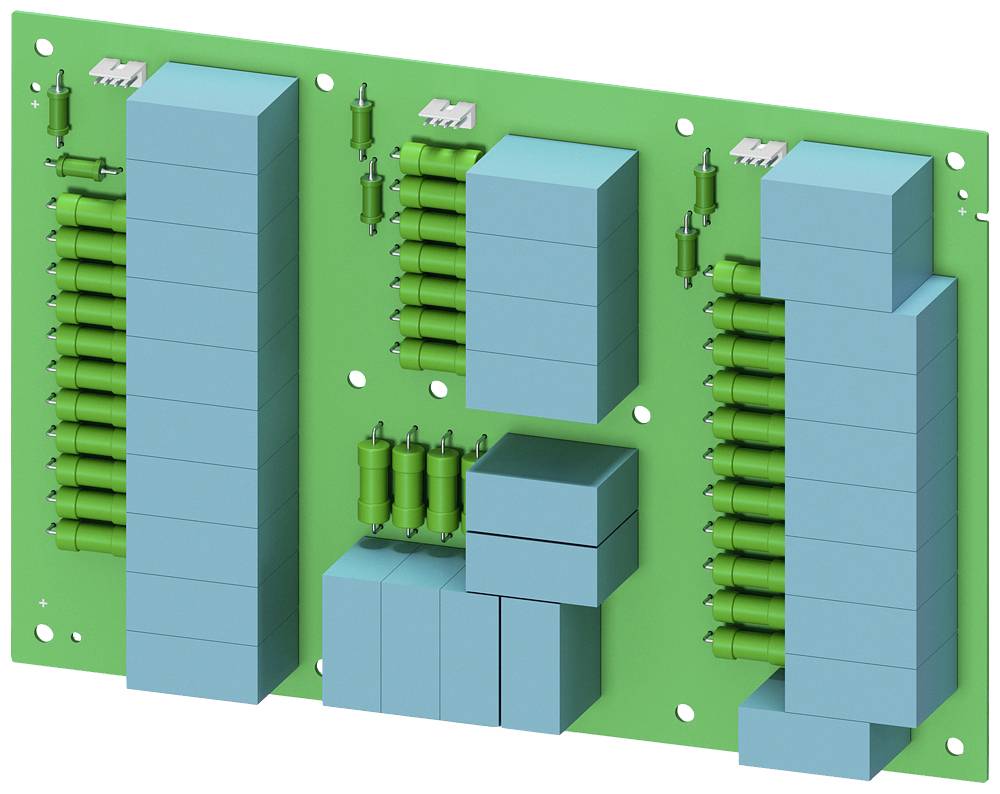 Een groene printplaat met daarop gemonteerde blauwe IC's en groene condensatoren, die de componenten van een elektronische schakeling tonen.