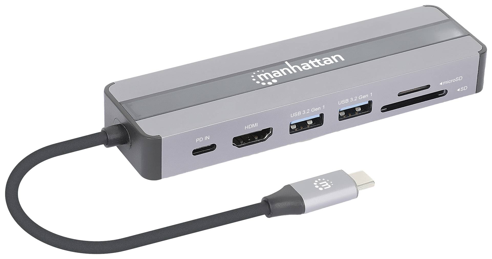 USB-C-Hub met kabel, meerdere aansluitingen: HDMI, USB 3.2, kaartlezer. Merk 'Manhattan'. Ideaal voor het verbinden van verschillende apparaten.