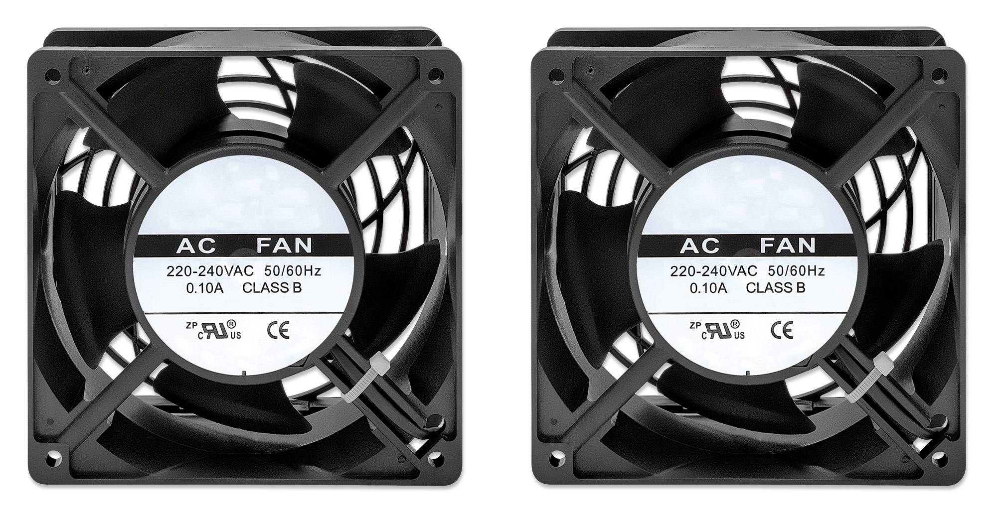 Twee zwarte ventilatoren naast elkaar. Etiketten tonen: 'AC-ventilator 220-240V AC 50/60Hz 0,10A KLASSE B'.