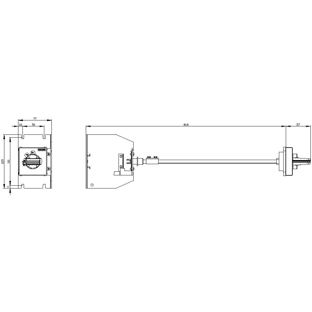 Technische tekening van een mechanische voorziening. Meet 634 mm in lengte met een vierkante basis en een lange staaf.
