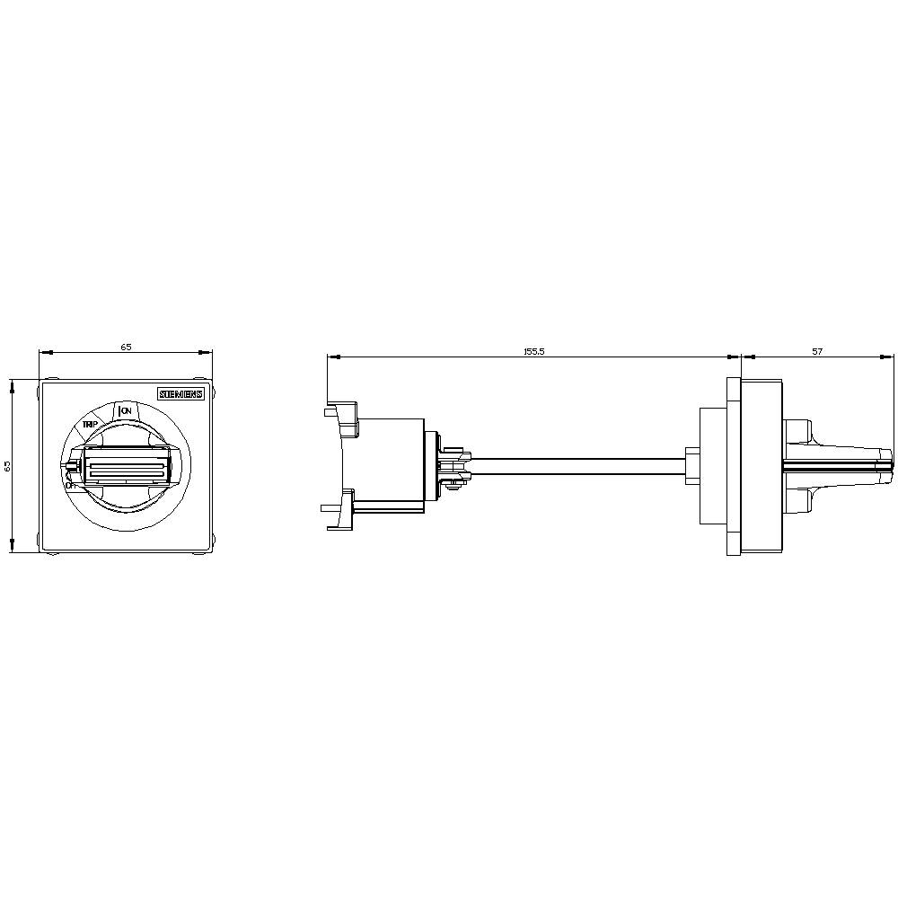 Technische tekening van een schakelaar met frontaal en zijdelings aanzicht, afmetingen in millimeters: breedte 65, diepte 57.