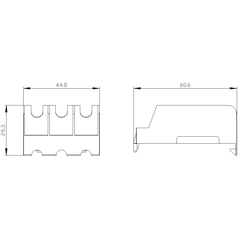 Technische tekening van een onderdeel met afmetingen: hoogte 29,3 mm, breedte 44,8 mm en 60,6 mm. Toont twee aanzichten van het object.