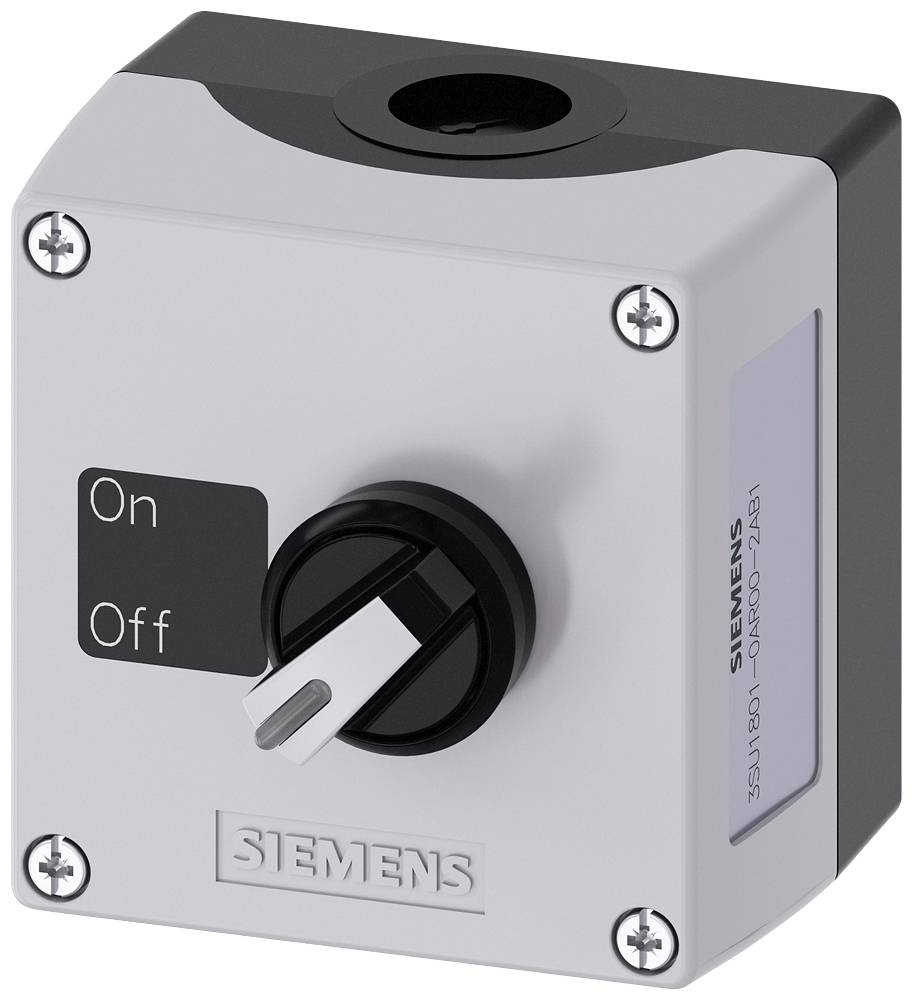 Grijs Siemens-schakeltoestel met een zwarte draaiknop. Gemarkeerd met 'Aan' en 'Uit'. Schakelpositie staat naar links op 'Aan'.
