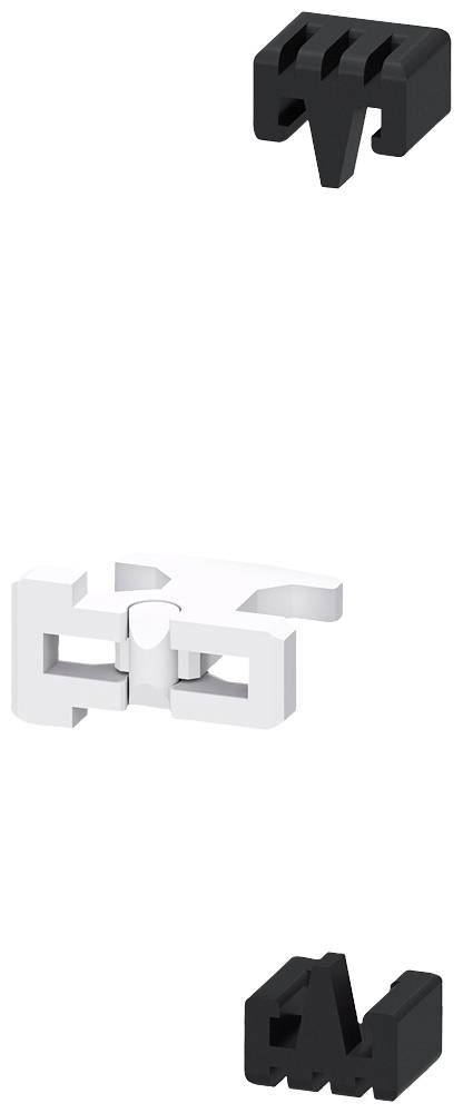 Drie kunststof klemmen in zwart en wit, met verschillende vormen. Ze zijn geschikt voor het bevestigen van kleine onderdelen in mechanische constructies.