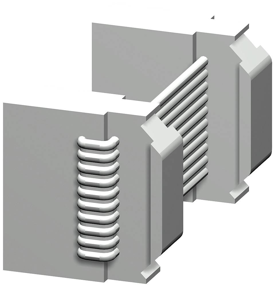 3D-weergave van een mechanische component met in elkaar grijpende, spiraalvormige structuren tussen grijze blokken.