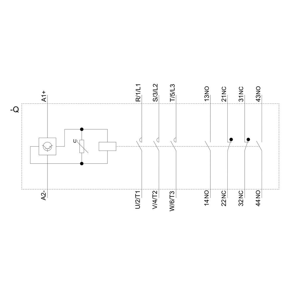 Principeschema van een elektrisch systeem met meerdere aansluitingen en componenten, inclusief relais, schakelaars en aansluitpunten.