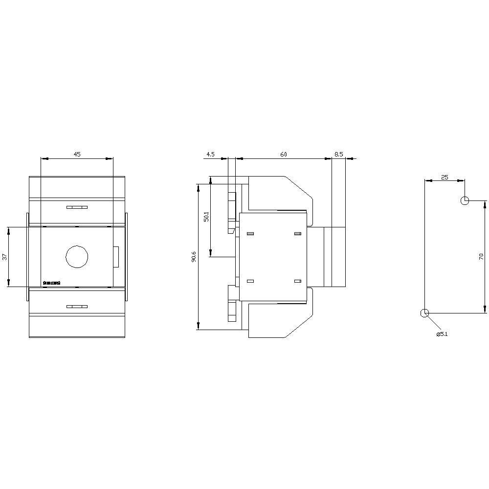 Technische tekening van een rechthoekig elektronisch apparaat met de volgende afmetingen: 45 mm breedte, 90 mm hoogte, 70 mm diepte. Verschillende aanzichten.