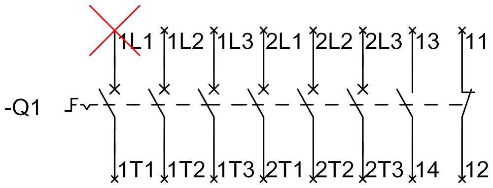 Schakelschema: Leidingen met aanduidingen zoals L1, L2, L3 en T1 tot T4. Verbindingslijnen met onderbroken leiding.