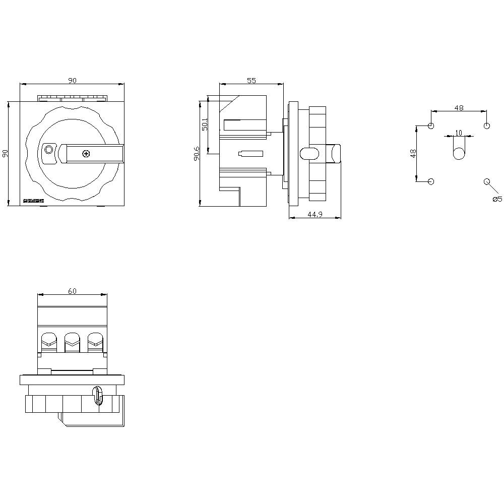 Technische tekening van een schakelaar met zij- en vooraanzicht, afmetingen in millimeters, toont gedetailleerde componenten.