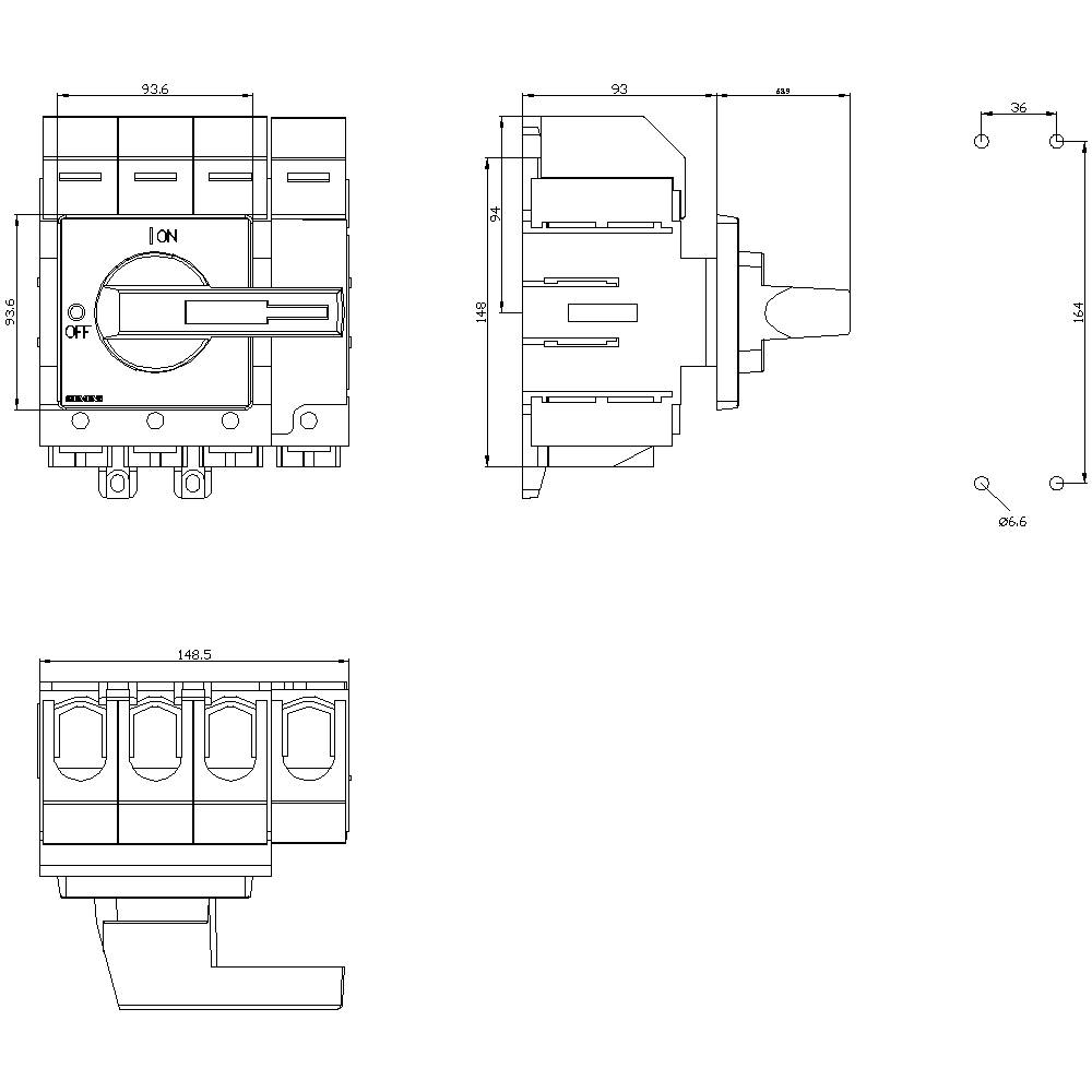 Technische tekening van een schakelaar met maatvoering en zijaanzicht. Hoofdaanzichten tonen details met betrekking tot installatie en afmetingen.