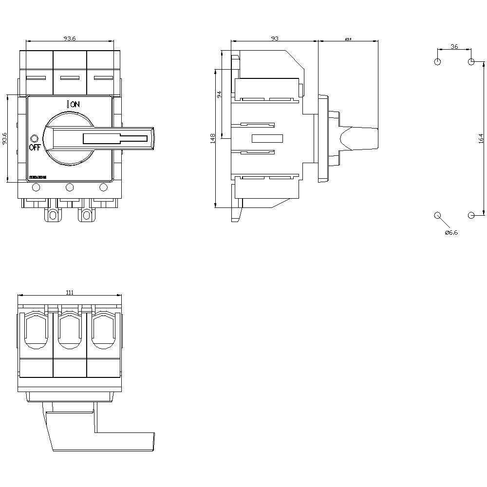 Technische tekening van een schakelaar met drie aanzichten: vooraanzicht, zijaanzicht en bovenaanzicht. Afmetingen zijn in millimeters weergegeven.