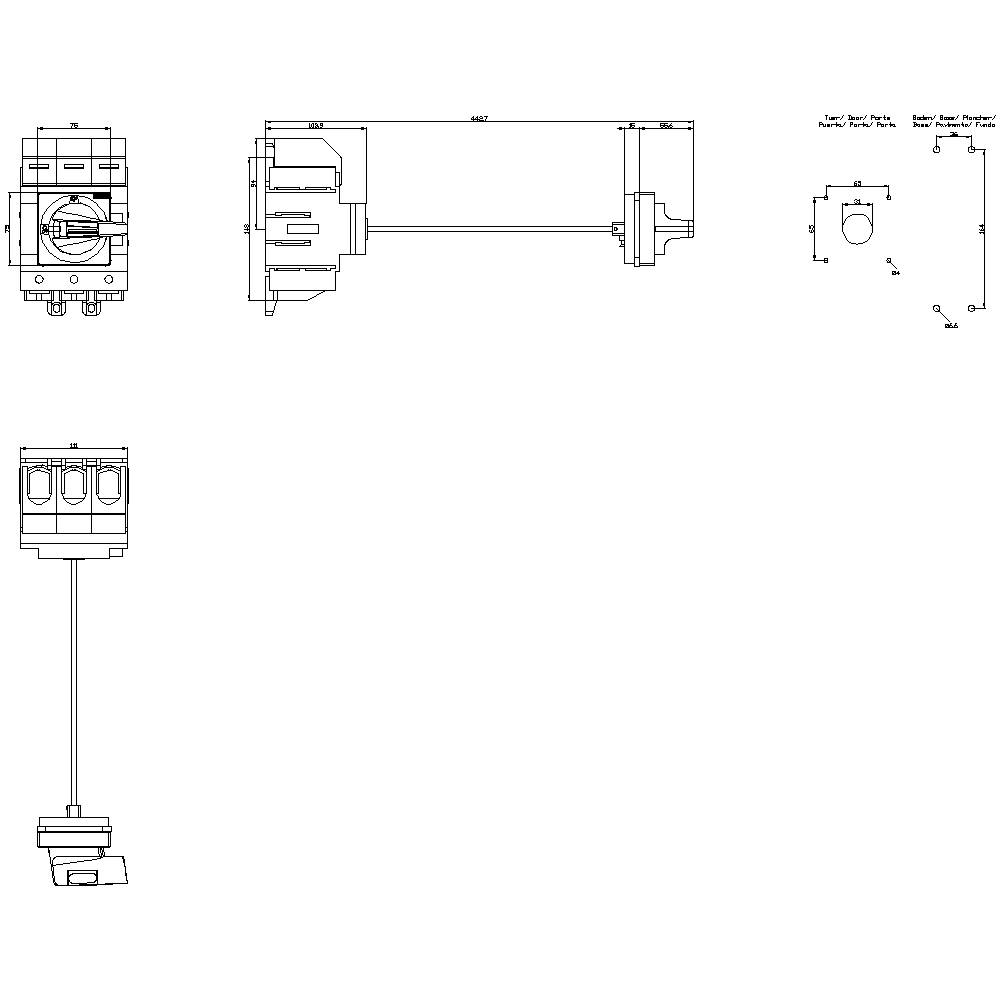 Een technische tekening toont een mechanische assemblage met verschillende aanzichten en maatvoering voor fabricage.