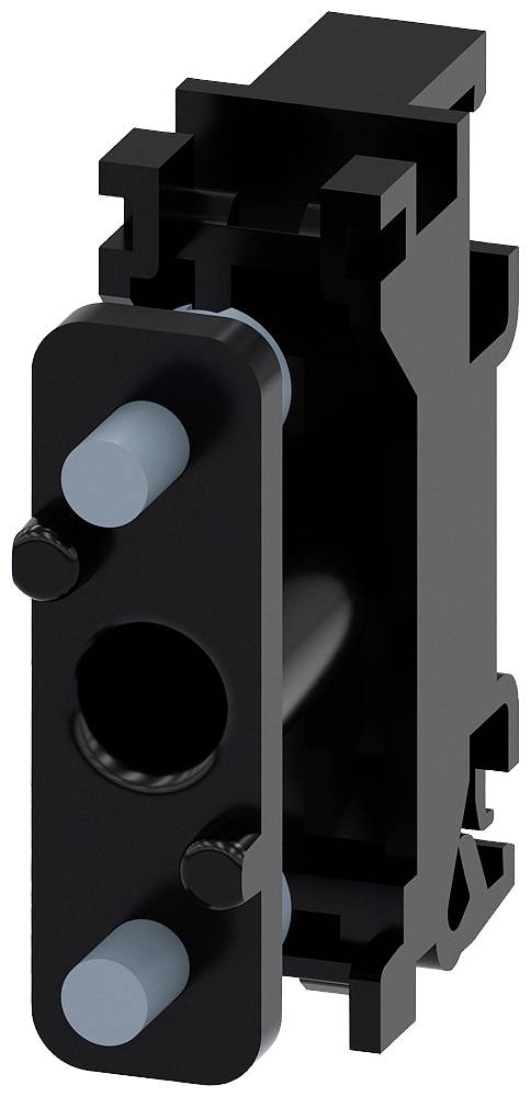 Een zwart mechanisch onderdeel met twee blauwe cilindrische bouten, mogelijk een deel van een groter apparaat of machine.