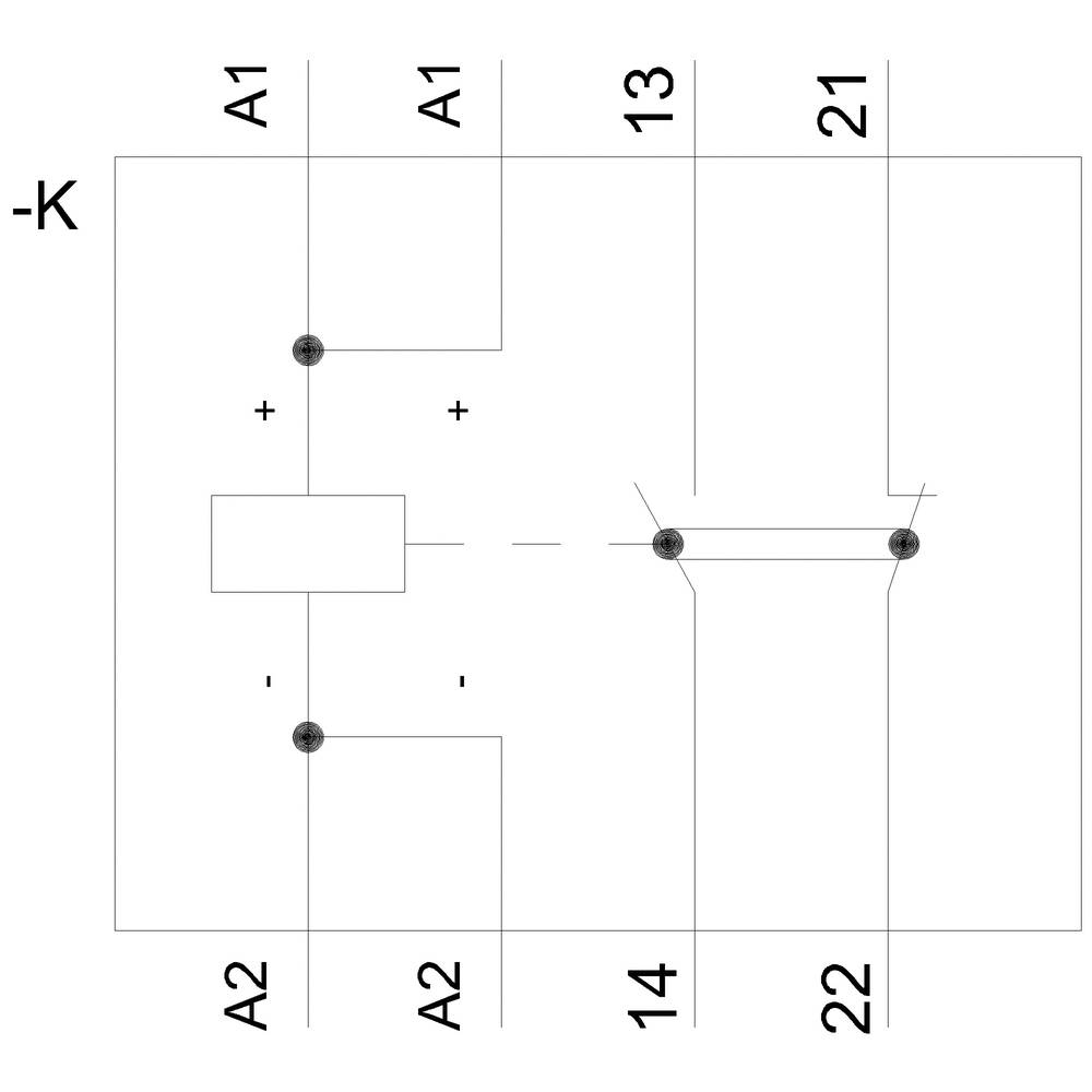 Elektrisch schakelschema toont een verbinding tussen twee relais. Verbindingen naar punten A1, A2, 13, 14, 21 en 22 met een rechthoekige module.