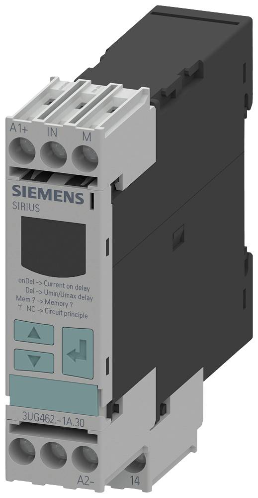 Een grijze Siemens SIRIUS-apparaat voor stroommonitoring met digitale weergave. Toont opties zoals 'stroomvertraging', 'geheugen', 'schakelschema'.